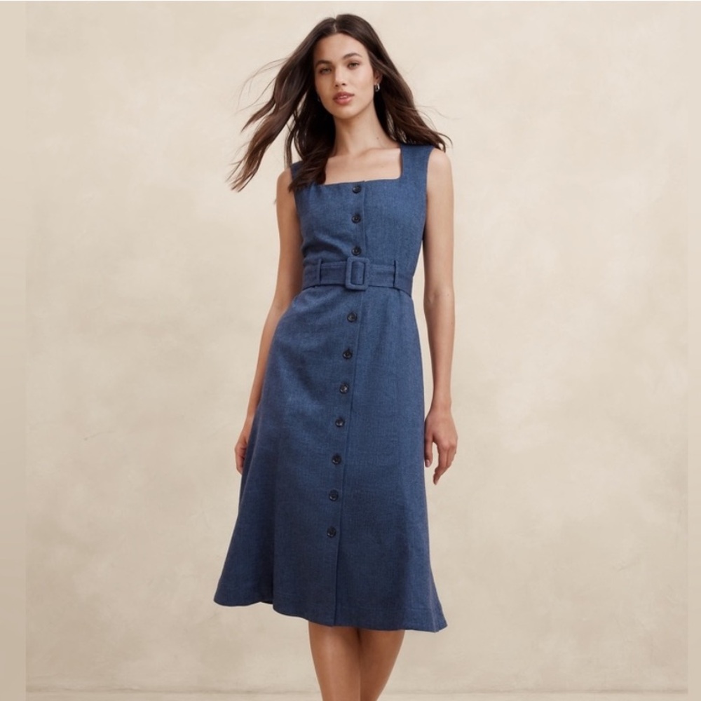 Banana Republic blue linen button down midi dress